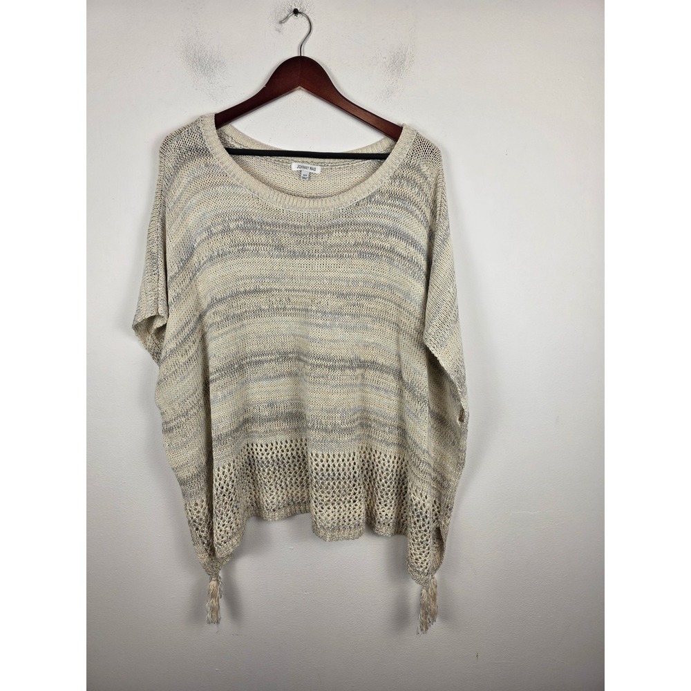 Johnny Was M57720 Space Dye Knit Poncho Top Tassel Trim Cream Grey O/S